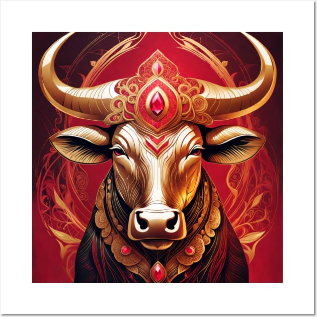 Gold and Ruby Bull No.1 Wall Art by R.W.TDesign